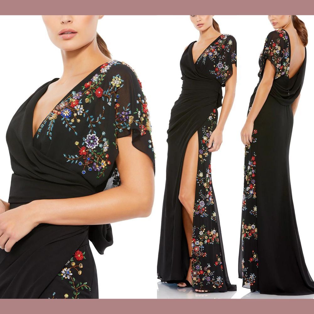 NWT$798 Mac Duggal [ 14 ] Faux Wrap Multi Colored Beaded Floral Gown Black G1690